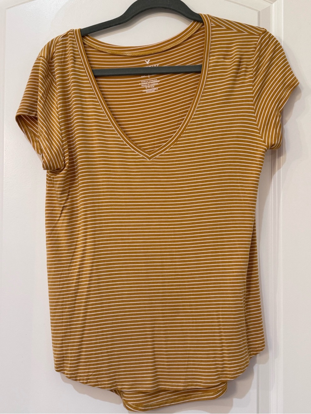 American Eagle Outfitters Mustard and White Striped V-Neck Tee